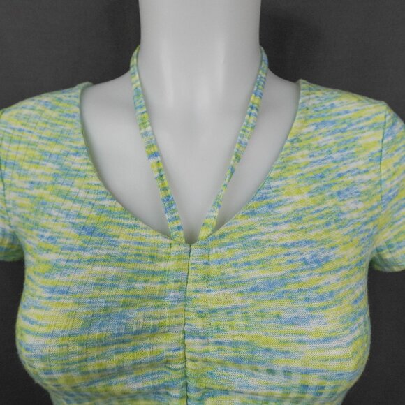 Women Baby Tee Top Small Green Y2K Cropped Knit Ribbed Drawstring Statement - Picture 2 of 13